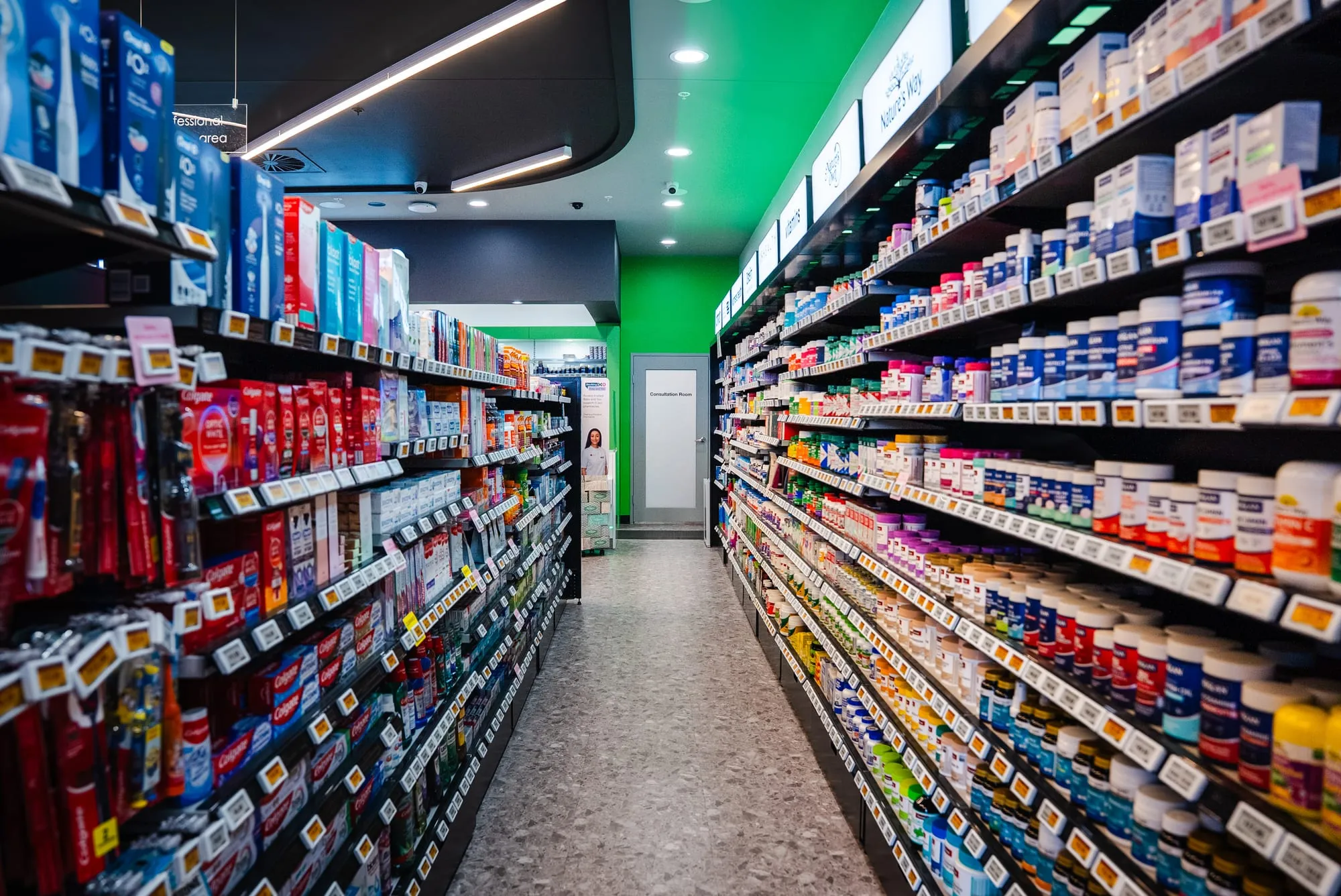 Wide retail aisle with clear wayfinding