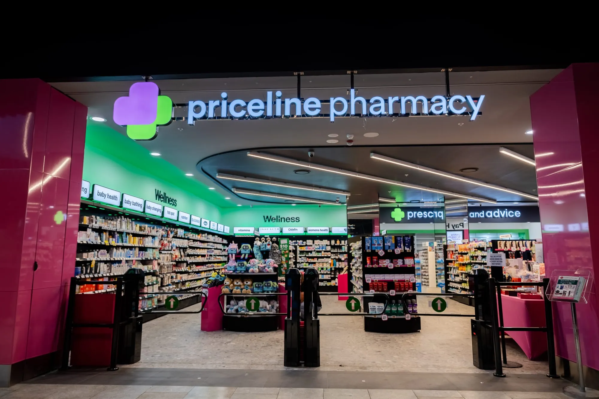 Illuminated entrance archway into the pharmacy