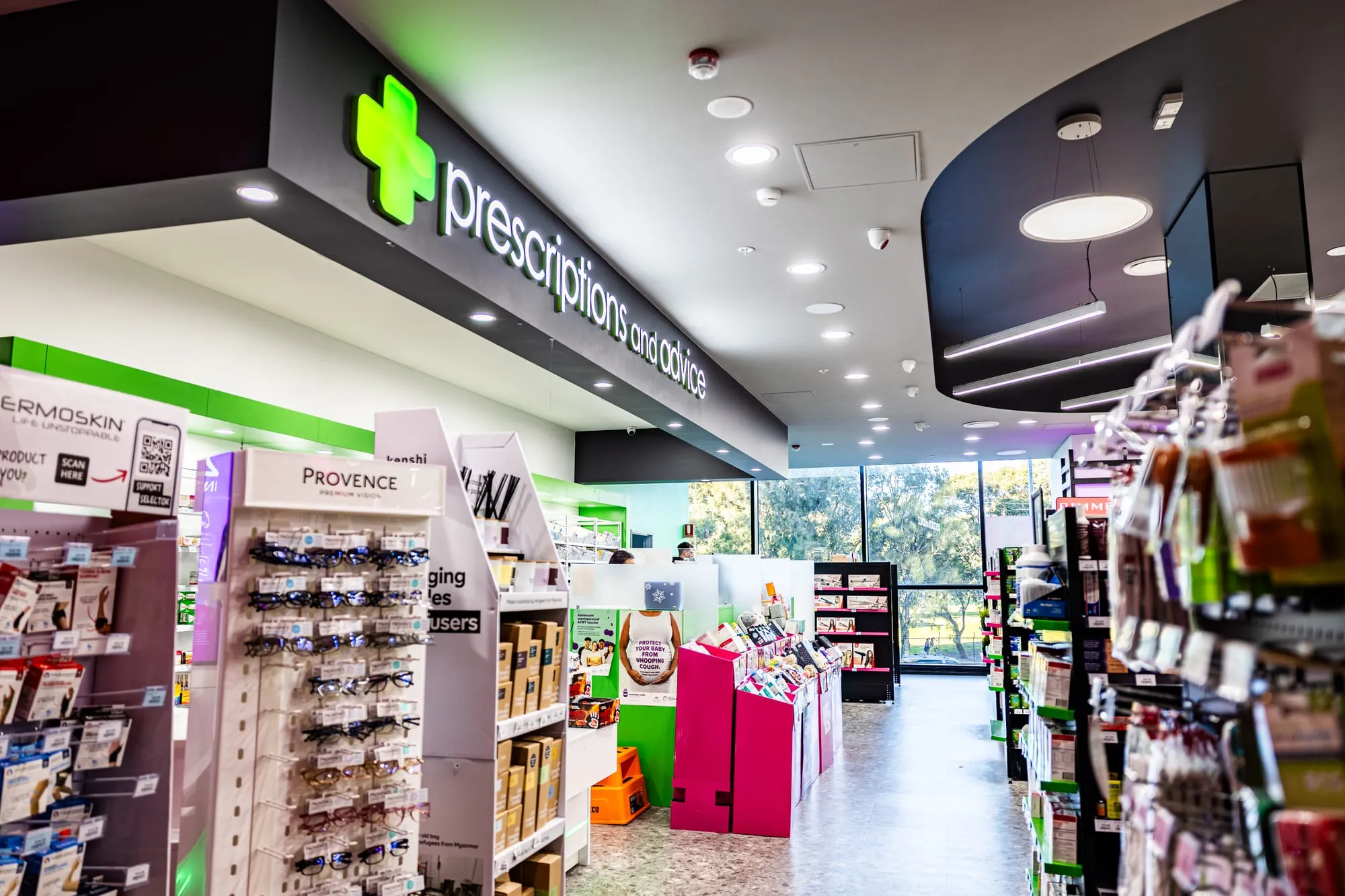 Prescriptions department with backlit signage