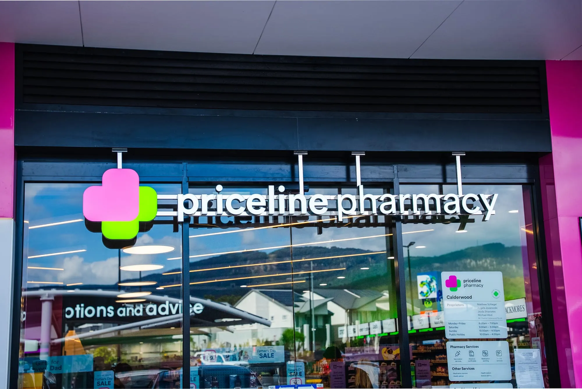 Priceline Pharmacy shopfront and entrance at Calderwood